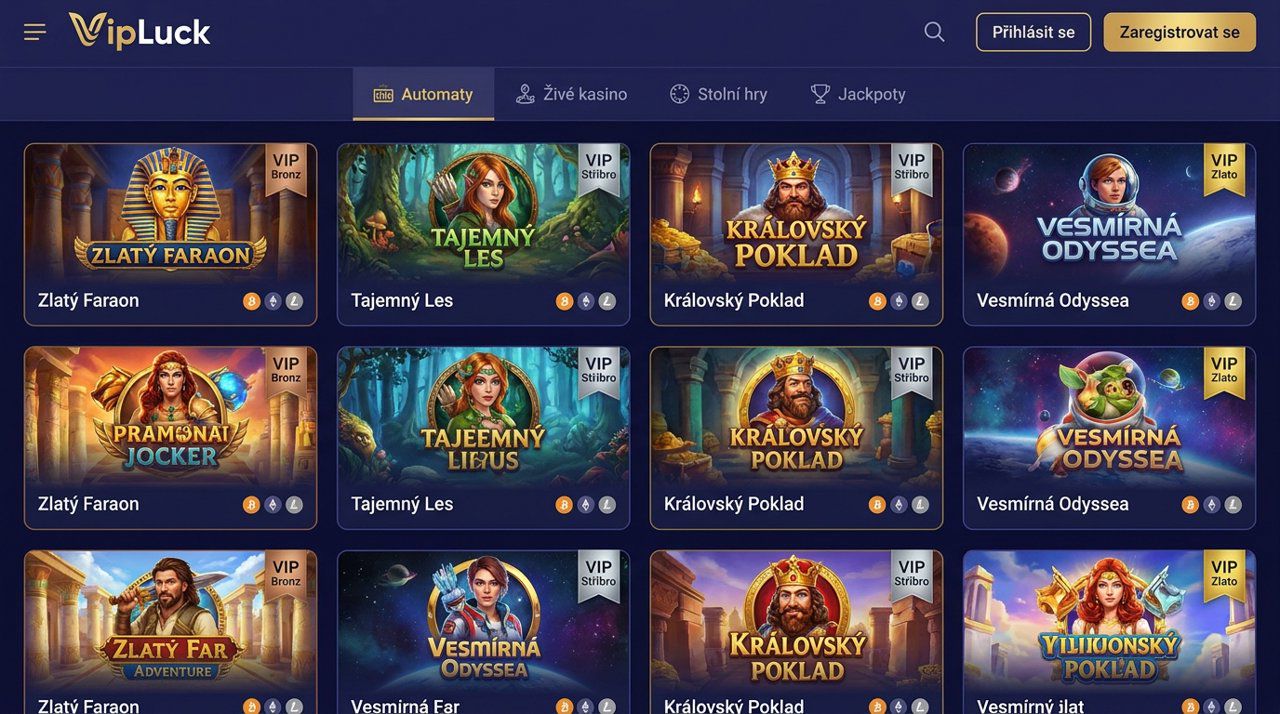 Úvodní stránka online casina VIPLuck s nabídkou automatů a živého kasina