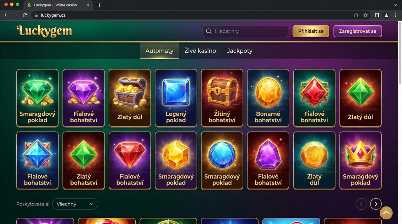 Úvodní stránka online casina Luckygem s kategoriemi automatů, živého kasina a jackpotů