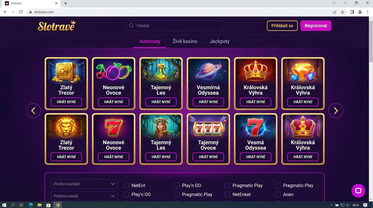 Úvodní stránka online casina Slotrave s nabídkou automatů a živého kasina