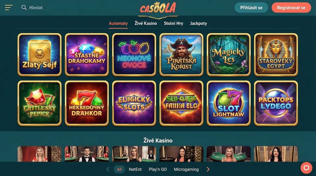 Úvodní stránka online casina Casoola s nabídkou automatů, živého kasina a jackpotů
