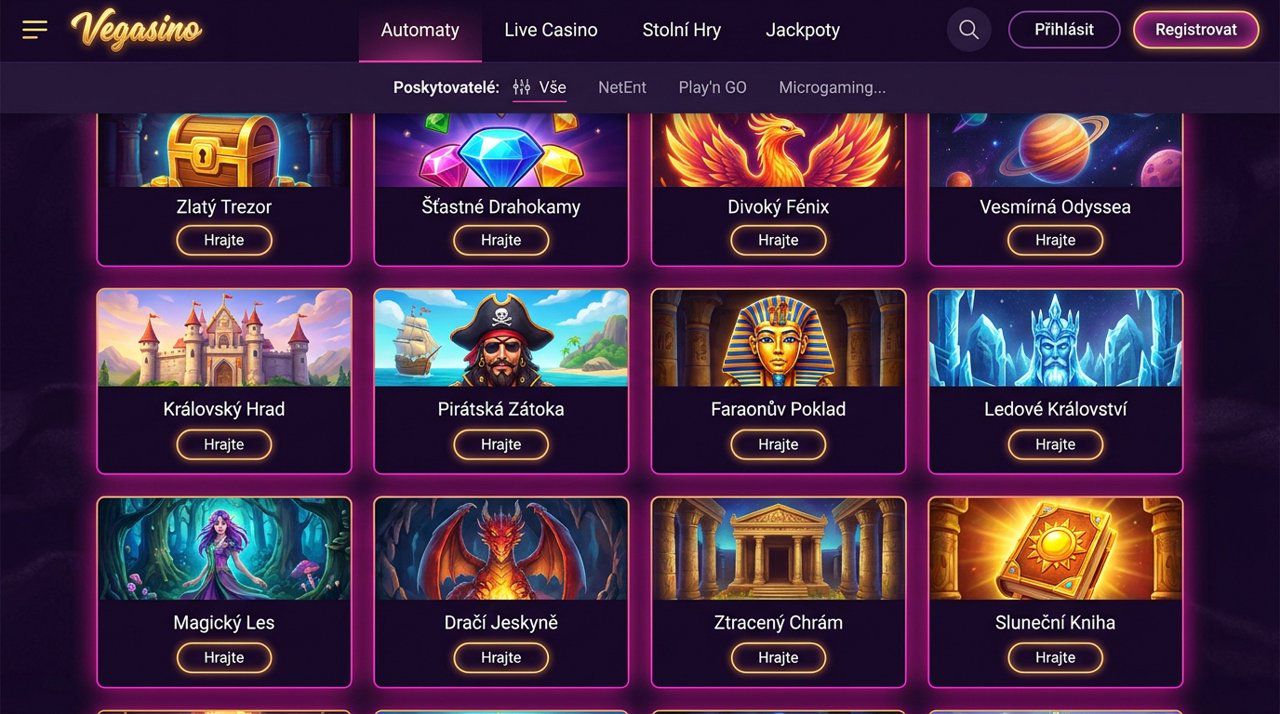 Snímek obrazovky webu Vegasino s nabídkou automatů a živého kasina