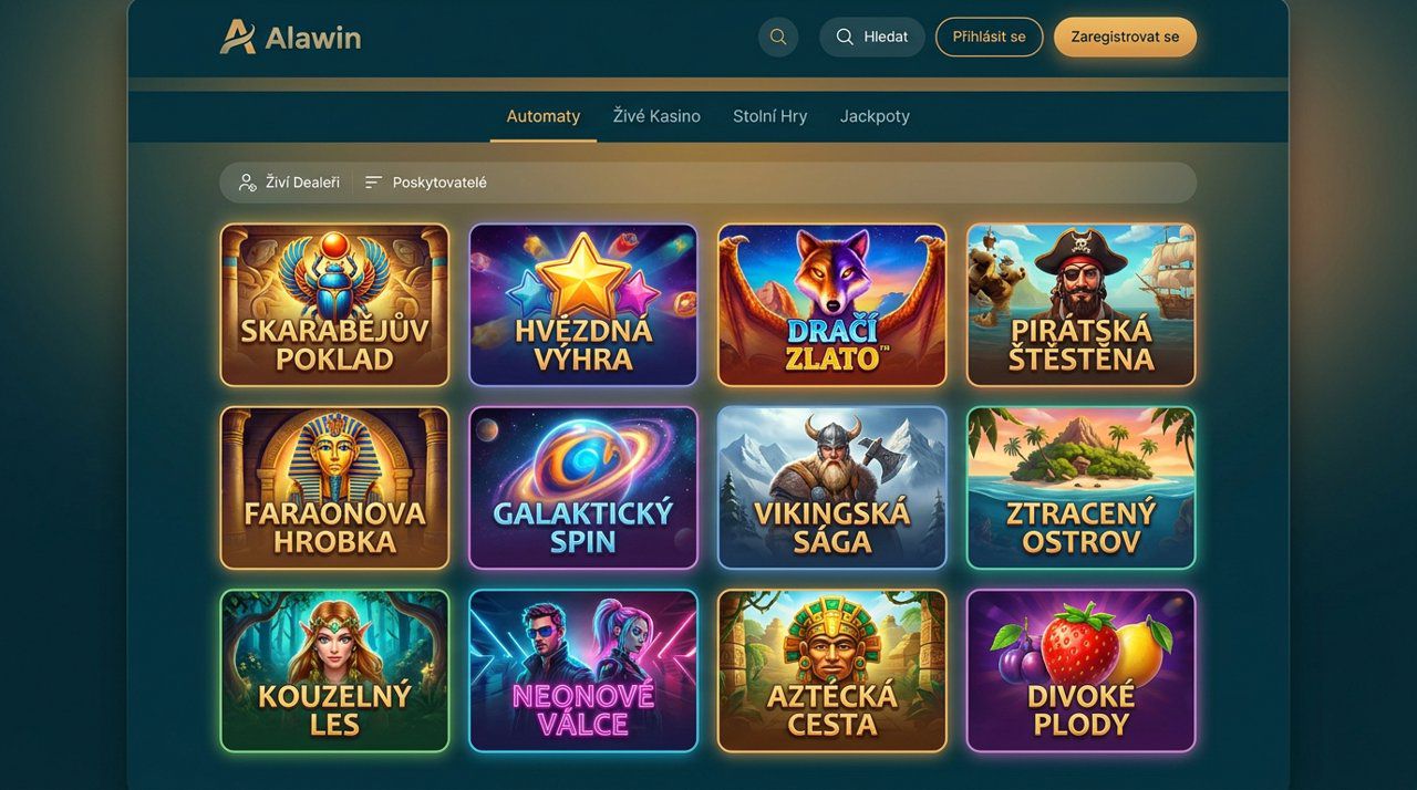 Ukázka úvodní stránky online casina Alawin s kategoriemi her