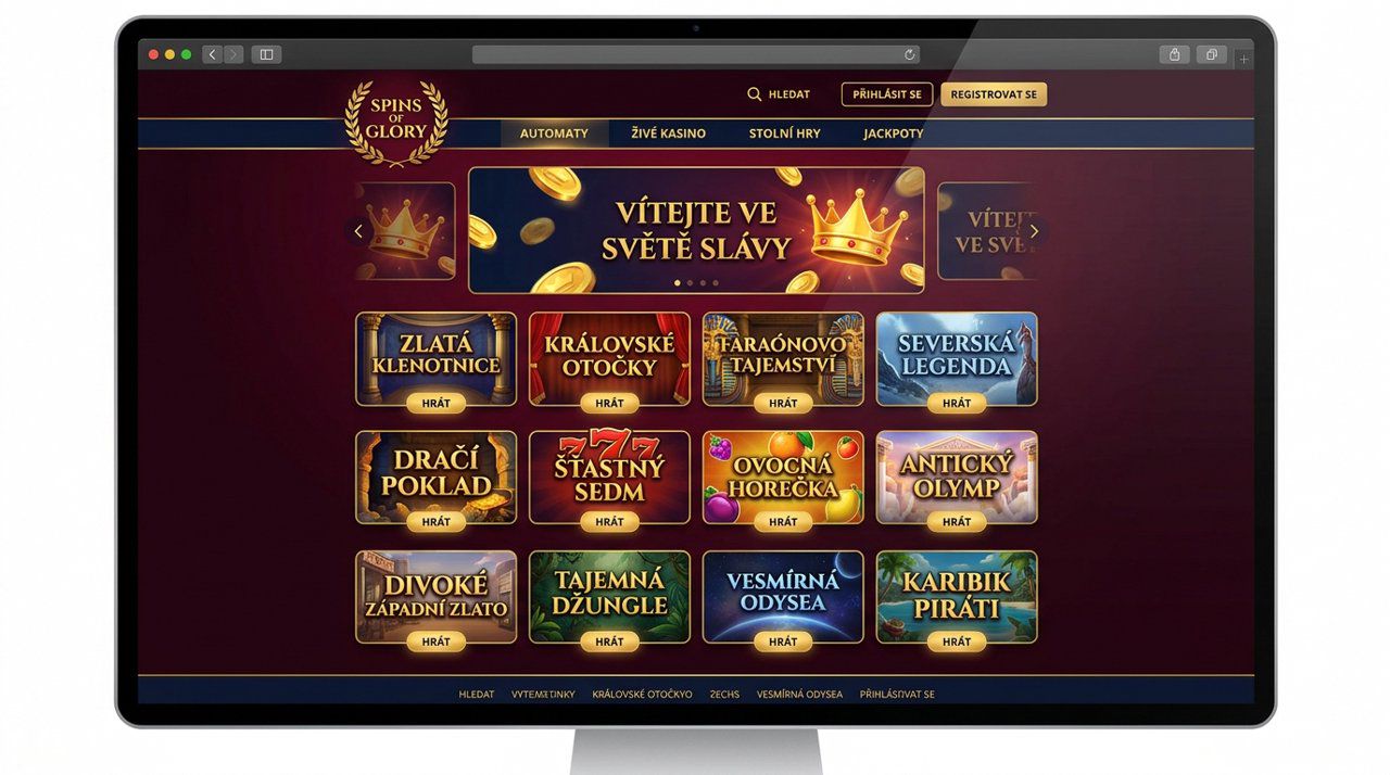 Úvodní stránka online casina Spins of Glory s nabídkou automatů a živého kasina