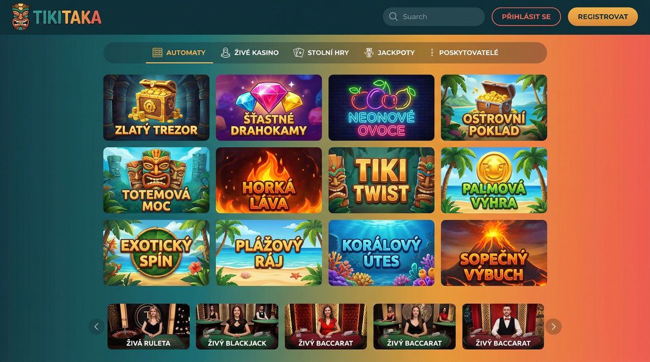 Úvodní stránka online casina Tikitaka s nabídkou automatů, živého kasina a jackpotů